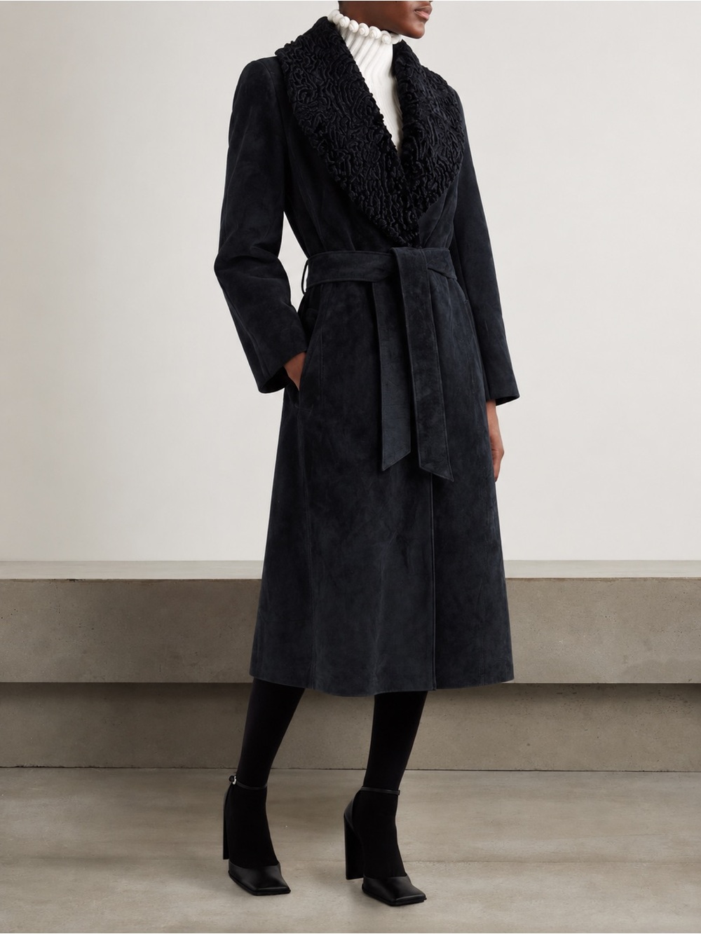 Valerie Stevens Suede Leather Coat Detachable Faux Fur Collar Black L